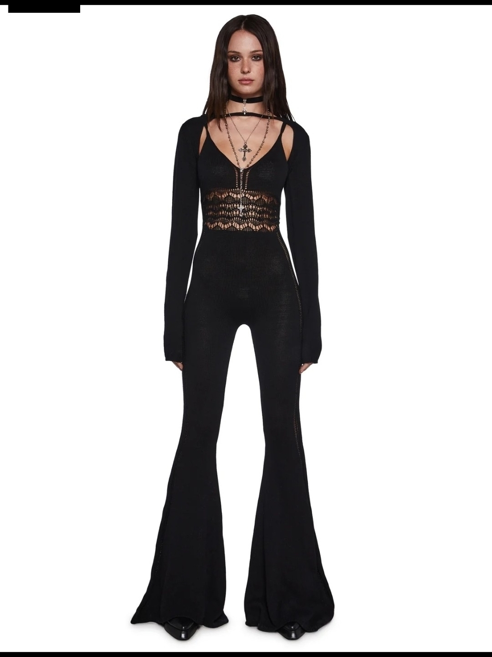 KillstarXS Black Lace-Inset Flared Knit Jumpsuit - Picture 1 of 4